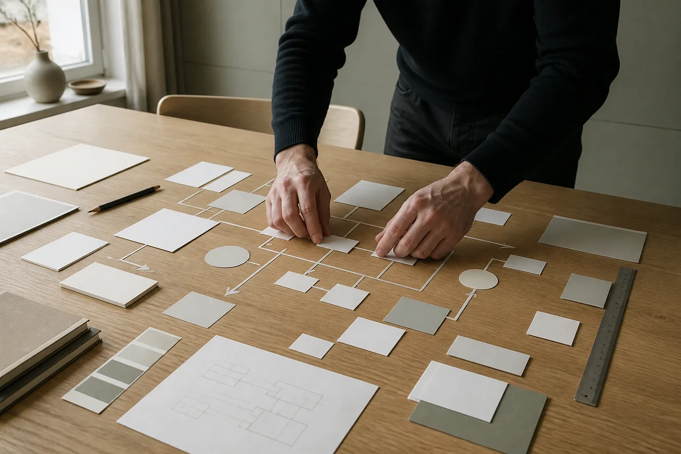 Hænder der organiserer en visuel systemmodel på et bord